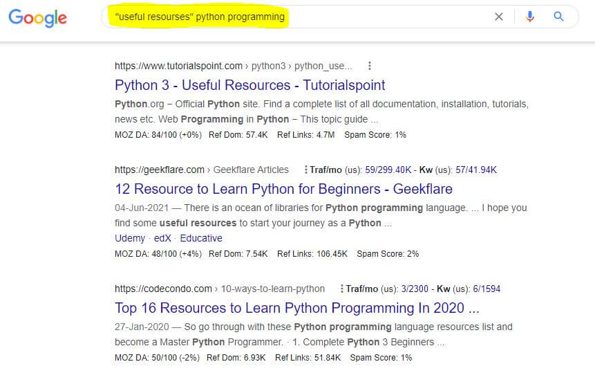 google search results for useful resources for python programming