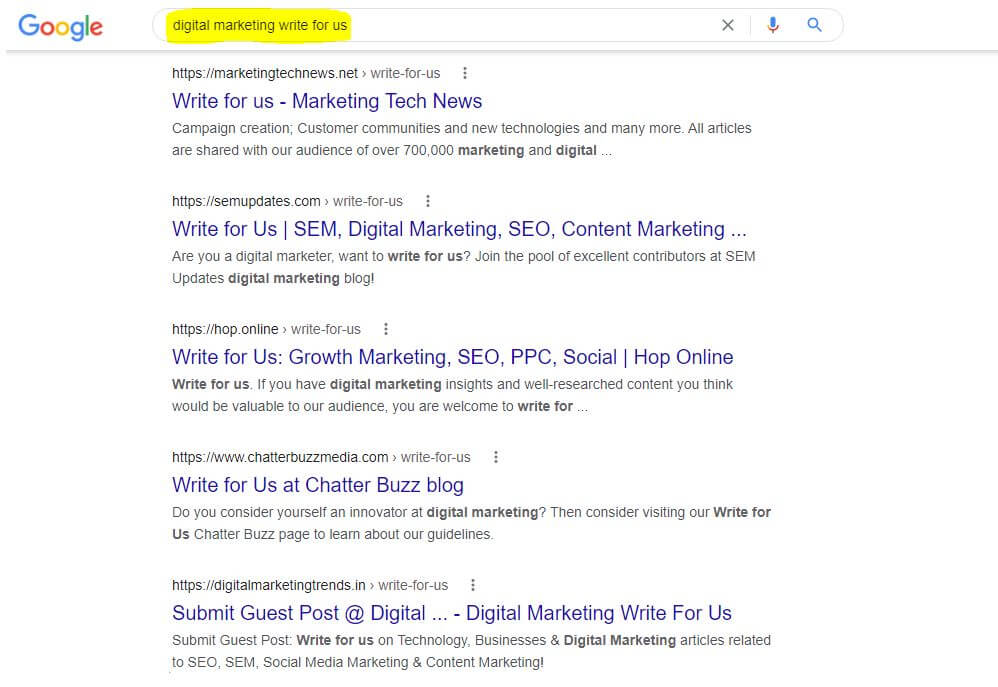 google search results for digital marketing write for us