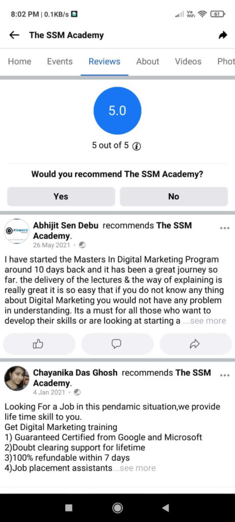 the ssm academy digital marketing course review Facebook screenshot